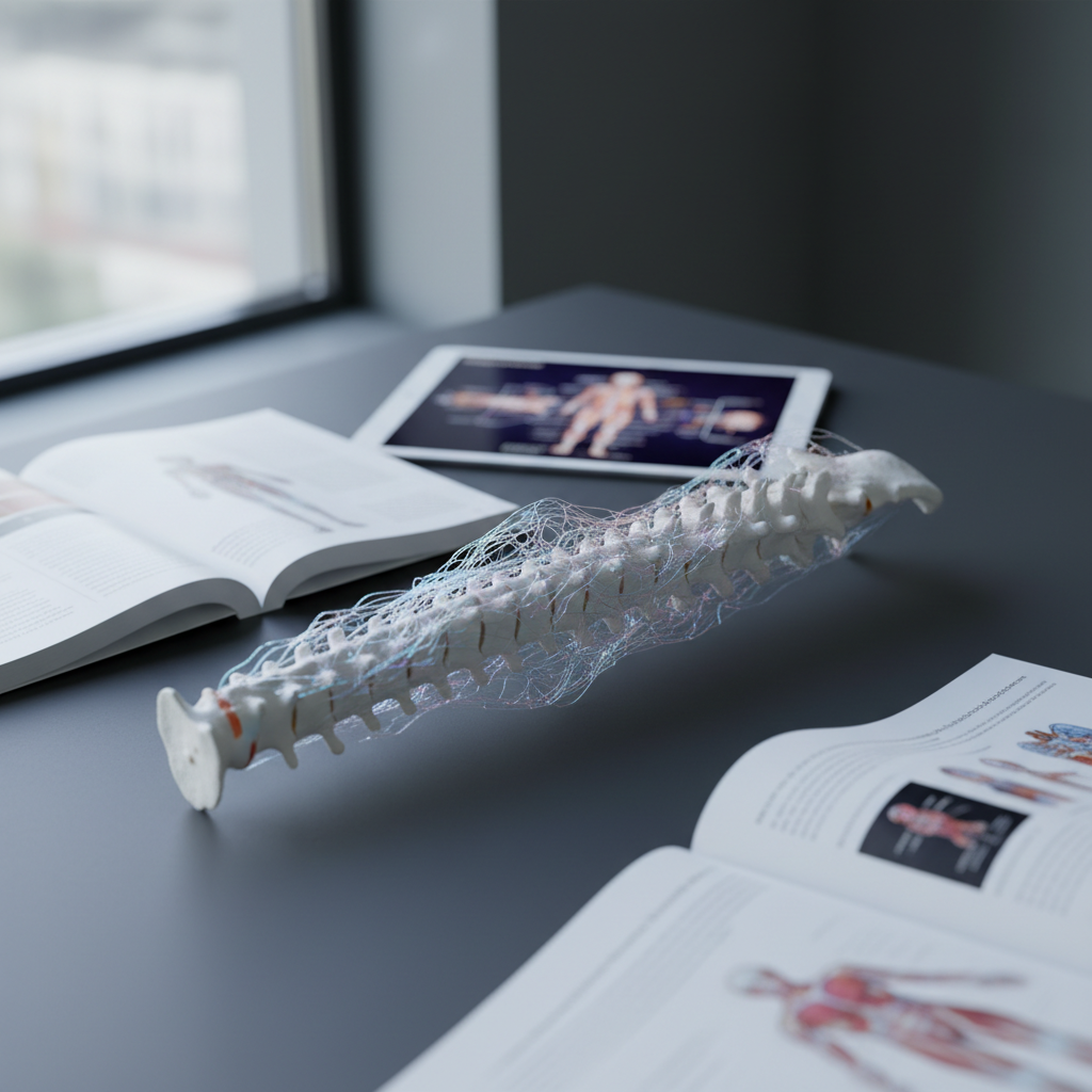 A pristine white anatomical spine model lying horizontally on a smooth charcoal-grey surface, with an intricate semi-transparent fascia web delicately draped along the vertebrae, shimmering in soft pearly tones. Around it, open scientific papers and a digital tablet showing fascia diagrams are artfully arranged but slightly out of focus. Cool, diffused daylight from a nearby window illuminates the scene, creating gentle, directional highlights on the spine and fascia while leaving the background in soft shadow. Photographed from a slightly elevated angle using the rule of thirds, with a shallow depth of field that keeps the spine and fascia crisply detailed. The mood is analytical yet serene, presenting fascia research in a clean, professional, photographic style.