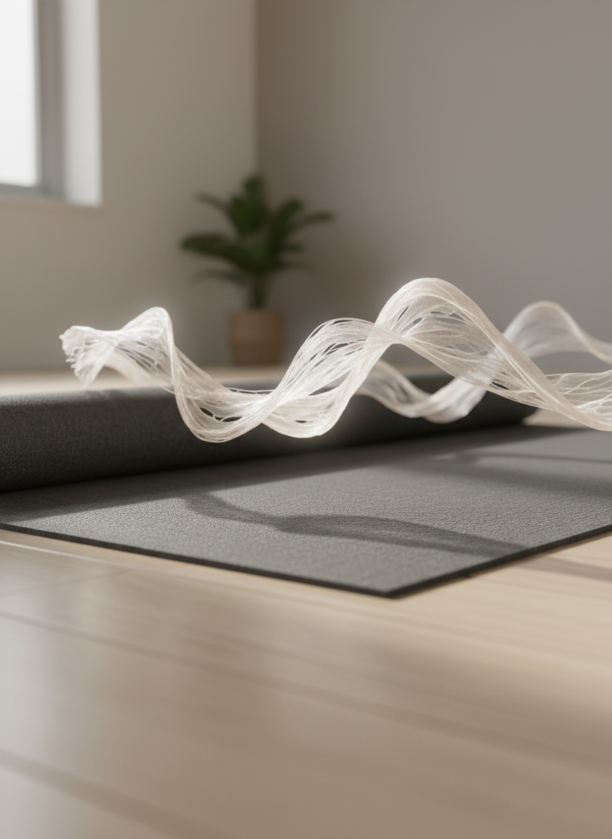 A close-up, photographic image of an unrolled, slightly textured dark grey tai chi training mat resting on smooth wooden flooring. Superimposed above the mat is a translucent, anatomically accurate fascia network rendered in pearlescent white, gently wrapping along the mat’s length like an energy flow. Soft morning daylight enters from an unseen window to the left, creating subtle highlights on the mat’s texture and faint reflections in the fascia strands. The background is softly blurred, showing minimal studio elements like a neutral wall and a single plant silhouette. Shot at a low, three-quarter angle with shallow depth of field, the mood is calm, professional, and contemplative, emphasizing the connection between Tàijíquán practice and the body’s connective tissues in clean photographic realism.