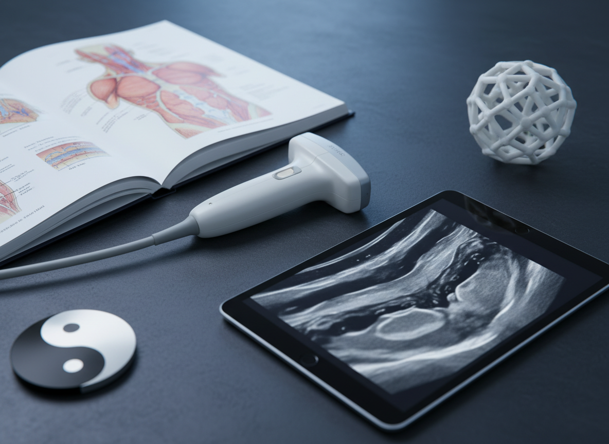 A dark slate tabletop with a neatly arranged collection of fascia research tools: a high-resolution ultrasound probe resting beside a tablet showing a grayscale scan of fascial layers, a hardcover anatomy atlas opened to a fascia cross-section, and a small 3D-printed fascia network model in matte white plastic. A subtle tai chi element appears as a brushed metal yin-yang symbol in one corner, partly out of focus. Soft, cool studio lighting from above and slightly to the left casts controlled shadows and delicate highlights on the tablet screen and model surfaces. Shot from an eye-level, slightly diagonal angle with moderate depth of field, the composition feels ordered and professional. The atmosphere is focused and research-driven while maintaining a calm, minimalist photographic aesthetic.
