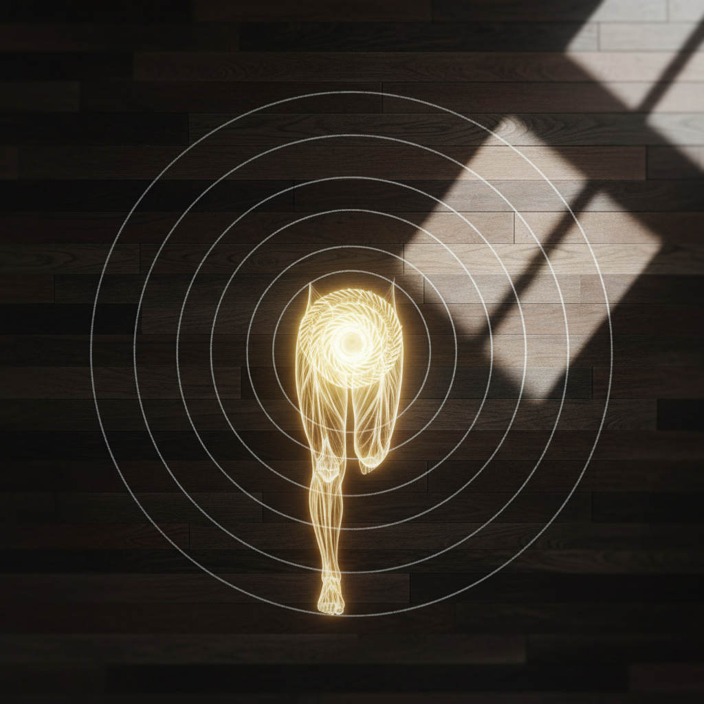 A polished wooden tai chi practice floor captured from above, with faint circular chalk lines suggesting slow turning movements. At the center, a detailed, semi-transparent overlay of an anatomical lower body fascia network glows subtly in soft gold and ivory, following the imagined spiral path of movement. Natural afternoon light streams in from the top right, forming elongated, gentle shadows along the wood grain and emphasizing the circular geometry. The surrounding floor fades into a mild blur, keeping attention on the fascia spiral. The composition uses a centered, graphic approach with clear negative space. The mood is meditative and precise, blending traditional Tàijíquán movement pathways with modern fascia understanding in crisp photographic realism.