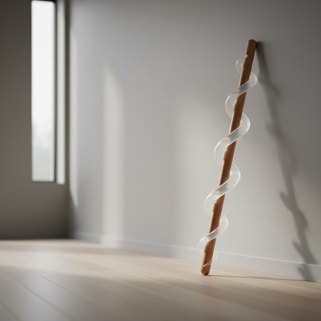 A minimalist training space with a single, upright wooden tai chi staff leaning against a light grey wall, its smooth grain and warm tone sharply detailed. Wrapping around the staff like a ghostly second skin is a semi-transparent 3D fascia helix, rendered in soft opalescent white, suggesting spiral force transmission. Diffused overcast light enters from a high window on the left, creating gentle, vertical gradients of brightness on the wall and subtle reflections on the staff. The floor transitions from sharp focus near the base of the staff to a soft blur further away. Shot at eye level with the staff placed on a rule-of-thirds line, the scene is spacious and uncluttered. The atmosphere is contemplative and technically precise, linking traditional weapon work to fascial continuity in realistic photographic style.