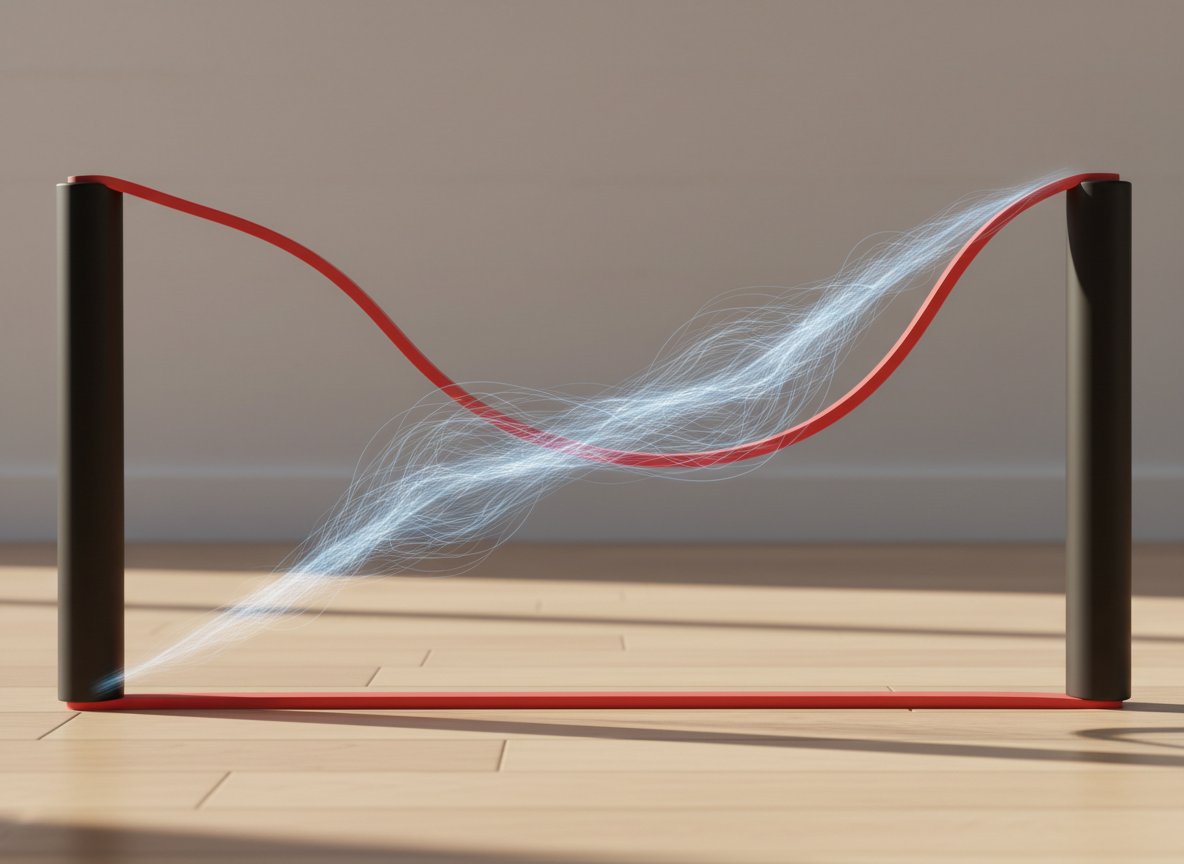 A close, side-on photographic view of a flexible resistance band anchored between two matte black posts on a wooden floor, its gentle curve mimicking a tai chi silk-reeling path. Superimposed along the band is a semi-transparent fascia strand network in subtle blue-white tones, showing fine fibers stretching and gliding. Soft, late-afternoon light enters from the right, grazing across the floor and band, producing warm highlights and long, subdued shadows. The background is a neutral wall with only faint texture, kept deliberately out of focus. Captured at a low angle with a shallow depth of field, the band and fascia overlay dominate the frame. The mood is quietly dynamic and exploratory, illustrating elastic, continuous force transmission in a clean, professional, photographic style.